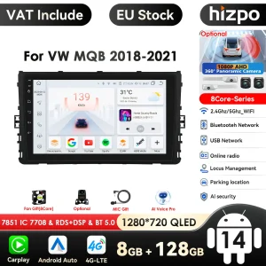 Hizpo 9 ”QLED Schermo Carplay 4G 2Din Android 14 Autoradio per VW MQB Polo Plus T-Cross Zoals T-Kruis T-Roc Tharu Sagitar BT
