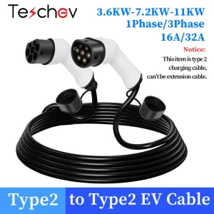Teschev 32A 7KW Tipo 2 a Tipo 2 Cavo di ricarica EV 11kW 16A Modalità trifase 3 Cavo EV IEC 62196-2 per EV e PHEV nella stazione pubblica