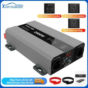 DATOUBOSS Convertitore sinusoidale puro da 12/24 V a 110/220 V Convertitore da CC a CA 2000 W 50/60 Hz Presa di corrente UE Tipo-C Interfaccia USB Display LCD