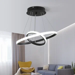 Lampada a sospensione a LED nera da 30 W, 2 anelli, design rotondo, lampadario semplice per soggiorno, sala da pranzo
