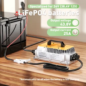 NOEIFEVO Caricabatteria LiFePO4 36V 38,4V, caricabatterie impermeabile 43,8V 25A per auto da golf/barca/camper, con protezione completa