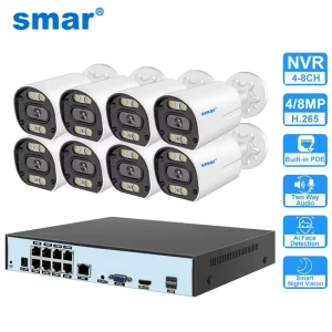 Sistema di Telecamere di Sicurezza Smar 4K 8MP POE, Kit NVR 8CH Plug & Play con Rilevamento Facciale AI, Visione Notturna a Colori, Registrazione Audio ICSEE