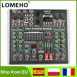 LOMEHO Console di missaggio amplificatore a 6 canali Mixer audio con potenza a 99 effetti Bluetooth Tavolo audio individuale per registrazione PC USB 48V AM-AX6P