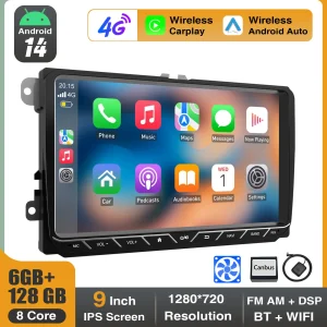 ESSGOO Autoradio 9″ Android 14 6+128G 8 Core con Wireless Carplay per VW Golf 5 6 Passat Polo Touran Tiguan Jetta, Android Auto, 4G DSP, GPS Navigazione, WiFi, FM/AM/RDS