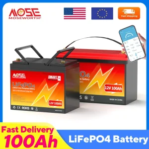 Batteria al litio MOSEWORTH LiFePO4 12V 100Ah Batteria al litio 12,8V 8000+ cicli con Bluetooth BMS Grado A per camper per barche