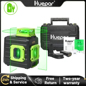 Huepar B21CG Livello laser Linea trasversale verde 360 °   Strumento autolivellante orizzontale a due linee verticali con batteria agli ioni di litio e custodia rigida