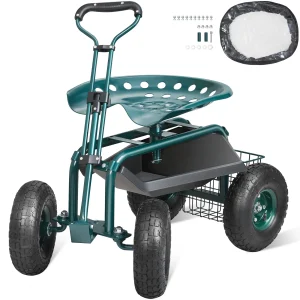SucceBuy Carrello da giardino Sedile da lavoro con ruote Sgabello da giardinaggio per piantare scooter con sedile girevole a 360 gradi con sterzo