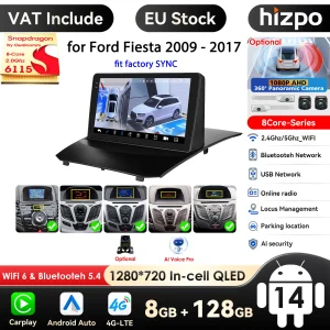 Hizpo Carplay 4G Android 14 Autoradio Lettore video multimediale per Ford Fiesta 2009-2013 2014-2017 Navigazione GPS SYNC in fabbrica BT