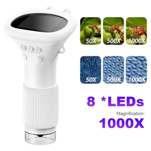 Microscopio digitale portatile 1000X Schermo IPS da 2 pollici Microscopio HD portatile Obiettivo da 2 MP Mini microscopi portatili con 8 luci a LED