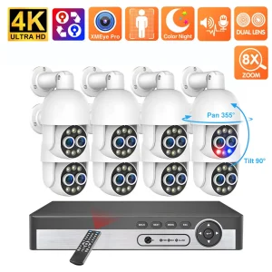Sistema di Sicurezza POE 8CH 4K PTZ con Zoom Ibrido 8X, Telecamera a Doppia Lente 8MP per Esterni, Kit di Protezione e Sorveglianza CCTV con Registrazione ONVIF