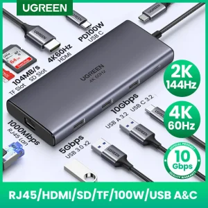 UGREEN USB-C HUB 9-in-1 Tipo-C a 4K60Hz HDMI 10Gbps Dati 1000Mbps RJ45 PD100W SD e TF per Accessori Laptop MacBook DELL iPad HP