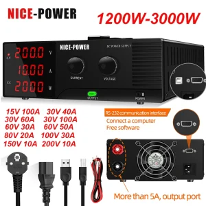 NICE-POWER Alimentatore CC da banco LAB 3000 W, con interruttore di uscita Controllo software RS232, 15 V 100 A, 30 V 60 A 80 A, 80 V 20 A, 200 V 10 A ﻿