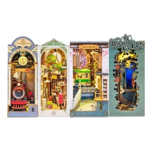 Robotime Rolife Book Nook Mobili per casa delle bambole fai-da-te 4 tipi Booknook Fermalibri Kit modello con luce a LED per decorazione inserto libreria