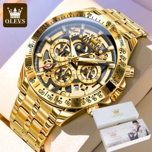 OLEVS Lxuxry Orologi da uomo in oro di marca Scheletro completo Cronografo in acciaio inossidabile Orologio da polso al quarzo luminoso impermeabile da uomo