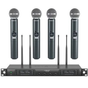 Microfono wireless professionale UHF Phenyx Pro 4 canali Scansione automatica Frequenza selezionabile Metallo 100M per chiesa di canto PTU7000