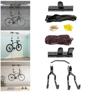 Paranco per bici per garage Sistema di pulegge per montaggio a soffitto Portabici con puleggia e corda con gancio, supporto per appendere biciclette a soffitto