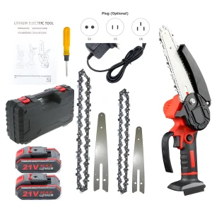 Mini motosega 21V Motosega portatile da 4 pollici 6 pollici con blocco di sicurezza 2 catene Motosega elettrica a batteria ricaricabile