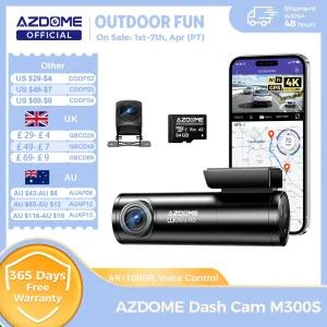 AZDOME M300S Dash Cam 4K+1080P Telecamera per Auto con Obiettivo 800MP, GPS Integrato, WIFI, Controllo Vocale e Visione Notturna