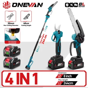 ONEVAN 4IN1 Sega Elettrica Telescopica Senza Spazzole con Forbici per Potatura Rami Alti, Compatibile con Batteria Makita 18V