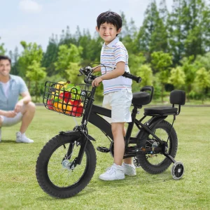Bicicletta per bambini da 14 pollici, carico regolabile per bicicletta per bambini, 60 kg, con ruote da allenamento, cestino, schienale, sedile posteriore per 3-7 anni (bianco/nero)