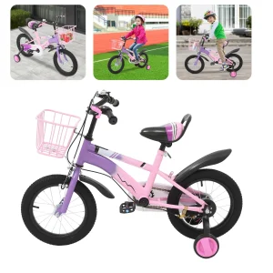 Sedile regolabile per bici per bambini da 14 pollici Freni doppi Bicicletta per bambini Carico 60 kg con ruote da allenamento + cestino per età 3,5-6 (Rosa/Blu)