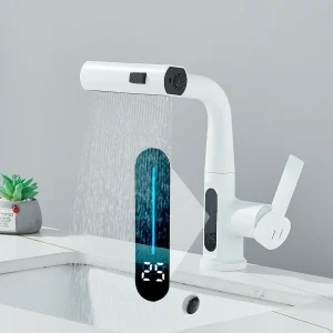 Rubinetto per lavabo da bagno bianco con display digitale della temperatura Gru sollevabile estraibile con beccuccio a cascata Miscelatore per lavabo caldo freddo