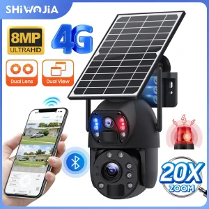 SHIWOJIA 4K 8MP 4G fotocamera solare 20X Zoom doppia registrazione obiettivo tracciamento umanoide telecamera WIFI esterna CCTV impermeabile in metallo
