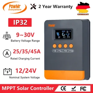 PowMr MPPT 25A/35A/45A regolatore di carica solare 12V/24V sistema solare per batteria 60V 80V 100V Dual USB 300W-1080W caricatore fotovoltaico MPPT