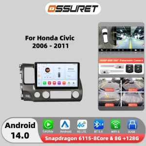 Autoradio Android 12 6115 per Honda Civic 2006-2011, lettore multimediale video, GPS, navigatore, stereo, 4G, DSP, Carplay, 2 DIN.