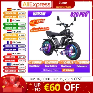 Ridstar Q20 Pro bicicletta elettrica 2000W doppio motore 52 v40ah freno idraulico bici elettrica 20*4.0 pollici grasso pneumatico Mountain moto