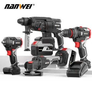 NANWEI Set di attrezzi Trapano avvitatore elettrico senza spazzole a batteria da 4 pezzi/Trapano a percussione/Chiave elettrica/Smerigliatrice angolare