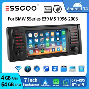 ESSGOO Autoradio Android 14 Multimediale Schermo Touch 7″ 64GB Carplay Wireless Android Auto per BMW Serie 5 E39 M5 1996–2003 Navigazione GPS FM BT RDS WiFi Comandi al Volante Mirror Link