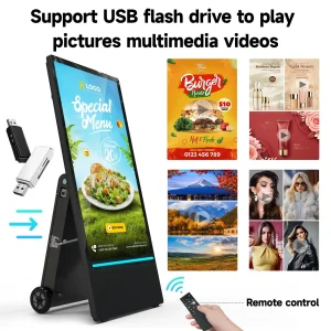 Display per segnaletica digitale portatile ricaricabile da 43 pollici per esterni, impermeabile IP55, schermo diviso LCD intelligente, chiosco mobile