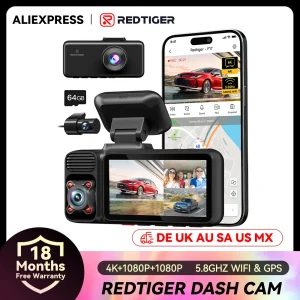 REDTIGER F17 Telecamera per Auto a 3 Canali 4K con Visione Notturna IR, DVR per Auto con WiFi 5G, Tre Telecamere per Auto con GPS Integrato e WDR