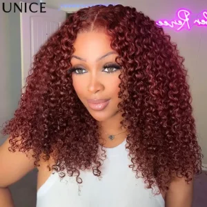 UNice 7×5 Bye-Bye Knots Parrucca di capelli umani ricci castano-rossastro con coulisse, pre-tagliata, pre-decolorata, senza colla