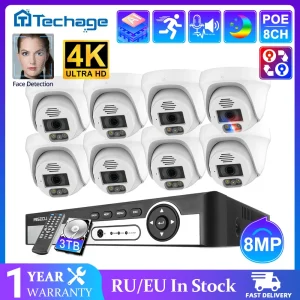 Sistema di Telecamere di Sicurezza 8CH 8MP 5MP POE con Rilevamento Facciale, Comunicazione Bidirezionale, Visione Notturna a Colori, Set di Sorveglianza per Interni
