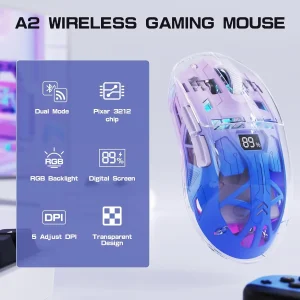 Mouse da gioco wireless trasparente A2, mouse RGB ricaricabili per PC BT 5.0/2.4G con schermo digitale, PixArt 3212, 5 DPI regolabili