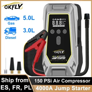 GKFLY 4000A Avviatore di emergenza per auto Compressore d’aria portatile Power Bank 150 PSi Gonfiatore per pneumatici Avviamento batteria portatile automatico per auto