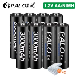 Batteria Ricaricabile PALO 1.2V NIMH AA 3000mAh a Bassa Autoscarica, Batterie HR6 AA NI-MH per Fotocamera, Giocattoli, Auto + Custodia per Batterie