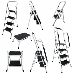Lucn Sgabello pieghevole con scaletta a 2-4 gradini con piedini antiscivolo e binario di sicurezza – Ideale per anziani, bambini, casa e cucina in ufficio