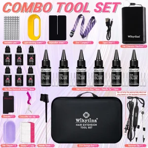 WIKYTINA Kit professionale per extension per capelli con luce UV – Set completo di strumenti con macchina per la rimozione della colla UV Macchina per l’estensione dei capelli UV