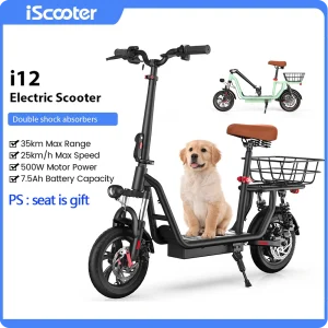 Scooter elettrico iScooter i12 con sedile e cestino Scooter pieghevole da 12 pollici 500W 36V 7.5Ah Gamma massima 35 km Scooter per mobilità