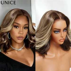 Parrucca Bob Ondulata UNice Hair Marrone Scuro con Riflessi Biondi, Capelli Umani, Senza Cappuccio Antiscivolo, Frontale in Pizzo 13×4, Senza Colla, Densità 150%