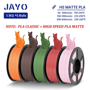 JAYO Filamento 3D opaco PLA ad alta velocità Filamento stampante 3D PLA da 1,75 mm 5 rotoli/set Materiali di stampa 3D con effetto opaco ordinato ferito