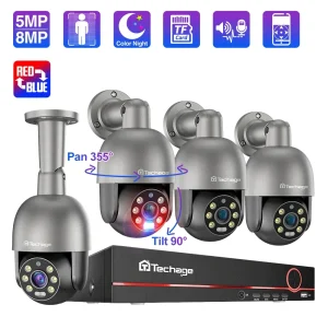 Techage 8CH 4K 5MP 8MP PTZ Sicurezza POE Sistema di telecamere IP Esterna AI Rilevazione umana Kit telecamera di sorveglianza audio video bidirezionale