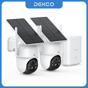 Sistema di Telecamere Solari Dekco 3MP, Kit 2 Telecamere Wireless 360° °   Set di Telecamere di Sorveglianza PTZ WiFi con Hub Domestico Compatibile con Alexa