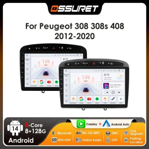 Autoradio 9 “Ossuret 2Din Android13 per Peugeot 308 308S 408 2012 – 2020 Multimeida Stereo RDS DSP CarPlay Navigazione GPS automatica