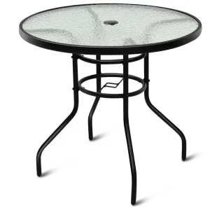 Tavolo da giardino con foro per ombrellone, 80 x 80 x 71 cm, tavolo da patio con piano in vetro temperato e struttura in metallo, tavolo rotondo da balcone