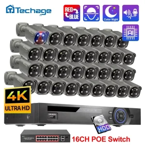 Techage H.265 36CH 4K 8MP Sistema di telecamere di sicurezza Face Detection Smart AI Visione notturna colorata CCTV Video Kit di sorveglianza POE