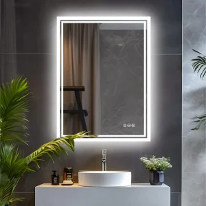 Specchio da bagno a luce LED illuminato a parete Vanity Makeup Rettangolo antiappannamento Luce tattile a 3 colori